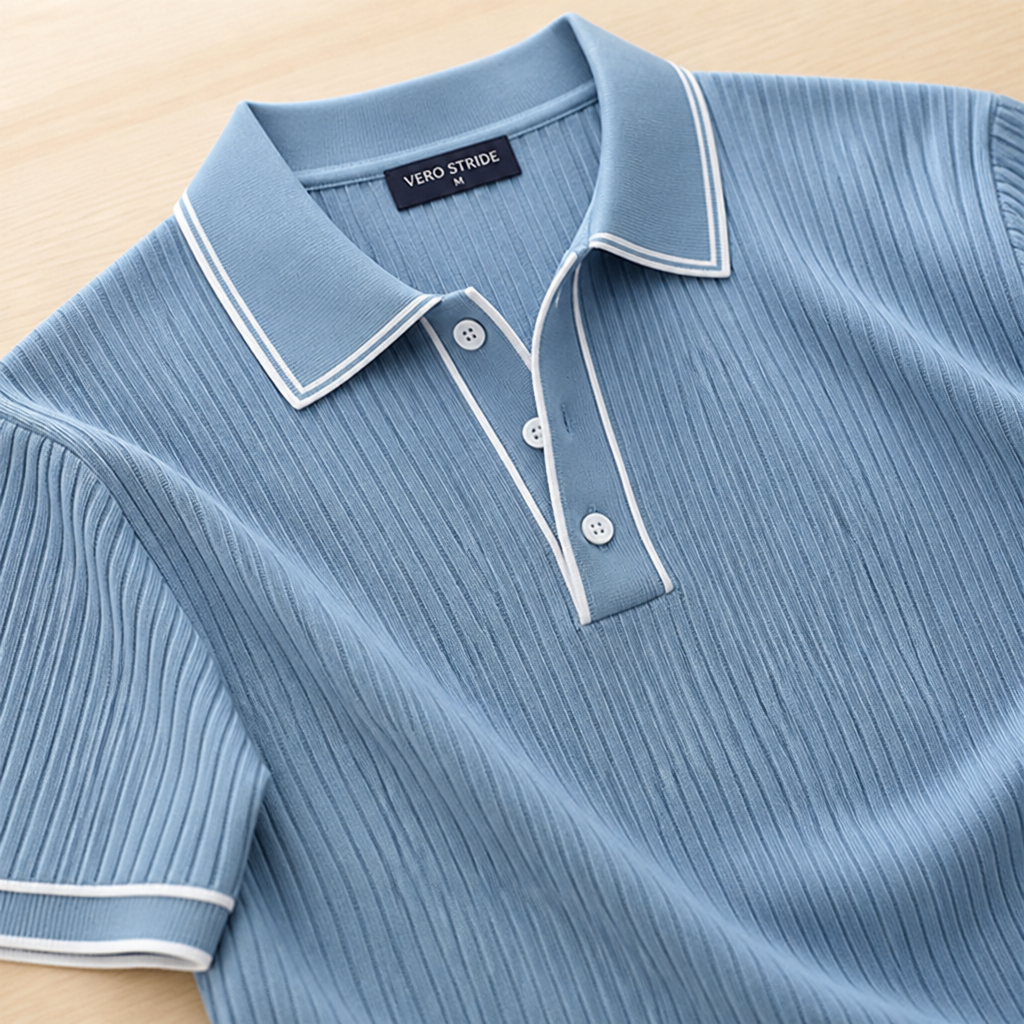 VeroStride – Retro Ribbed-Knit Polo with Contrast Tipped Collar - Souliia