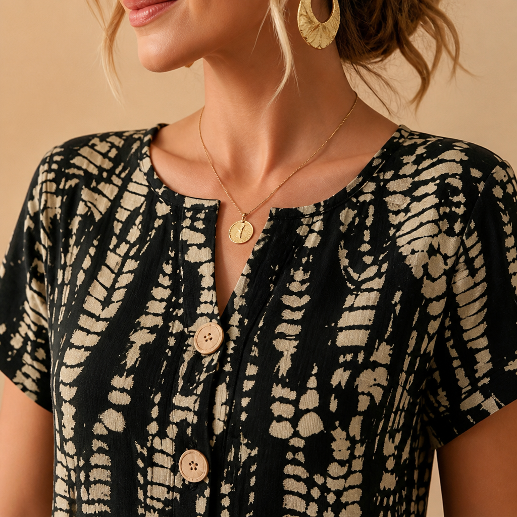 VelaMuse – Relaxed Button-Front Abstract Print Swing Dress with Pockets - Souliia