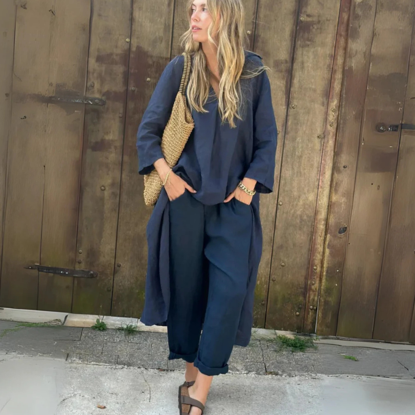 Ensemble deux pièces ample à col en V uni avec poches