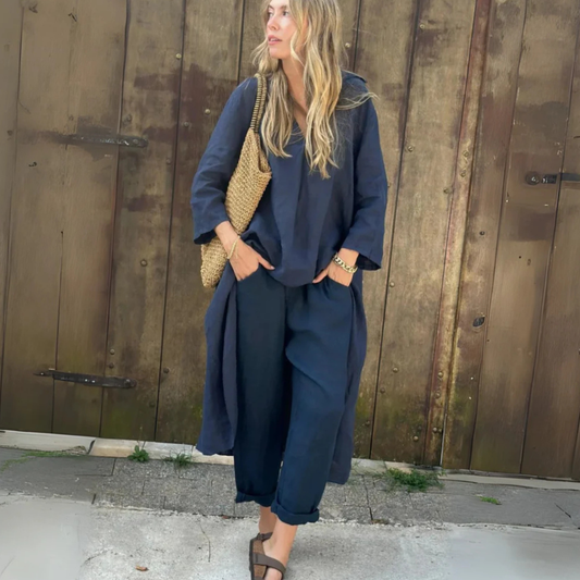 Ensemble deux pièces ample à col en V uni avec poches