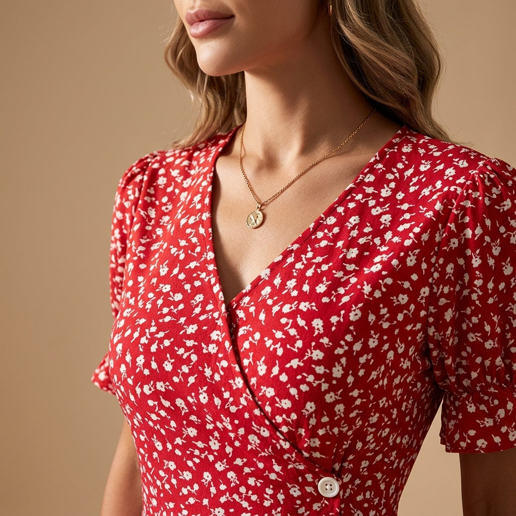 SeraphineAura – Ditsy Floral Wrap Midi Dress with Ruched Tulip Hem - Souliia