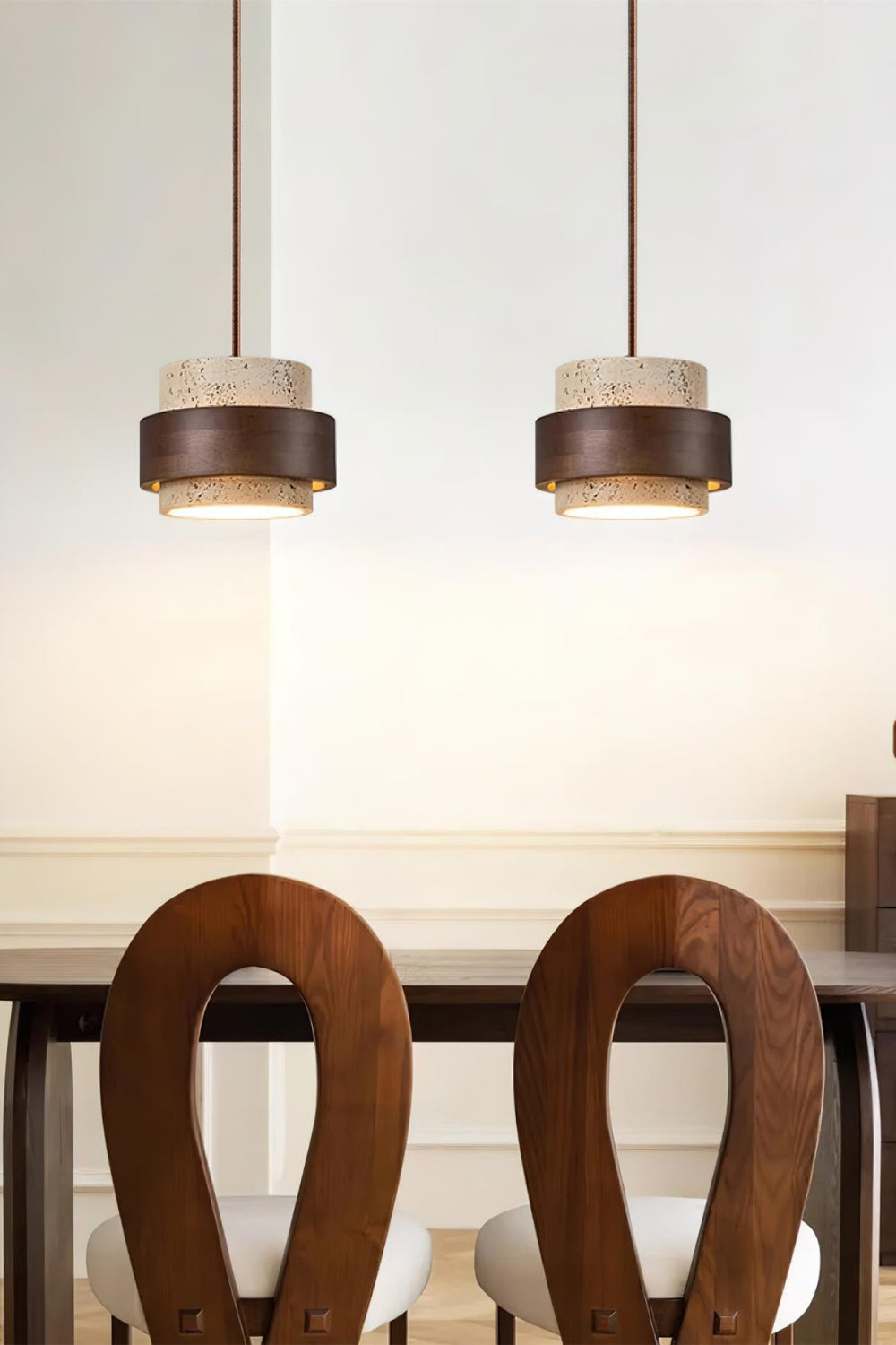 Travertin Holz Pendelleuchte - Moderne organische Hängeleuchte für Wohnzimmer | Souliia