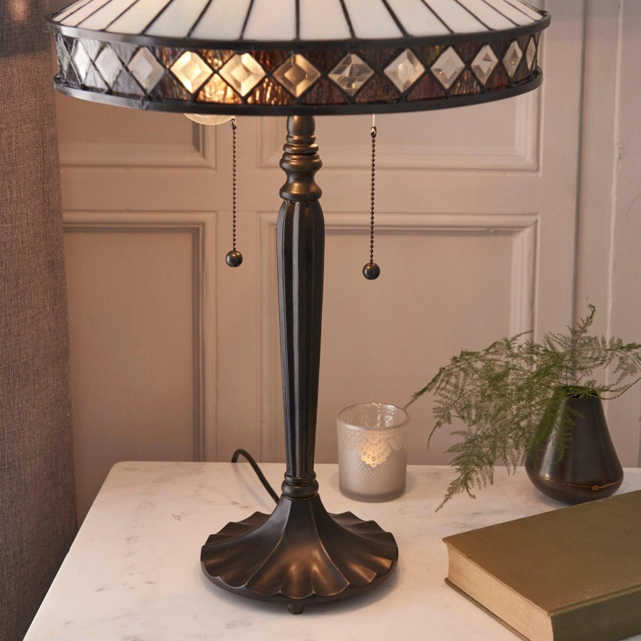 TF Geometric Stained Glass Table Lamp with Amber and Cream Panels – Tiffany Style Accent Lamp for Bedroom and Study | Souliia