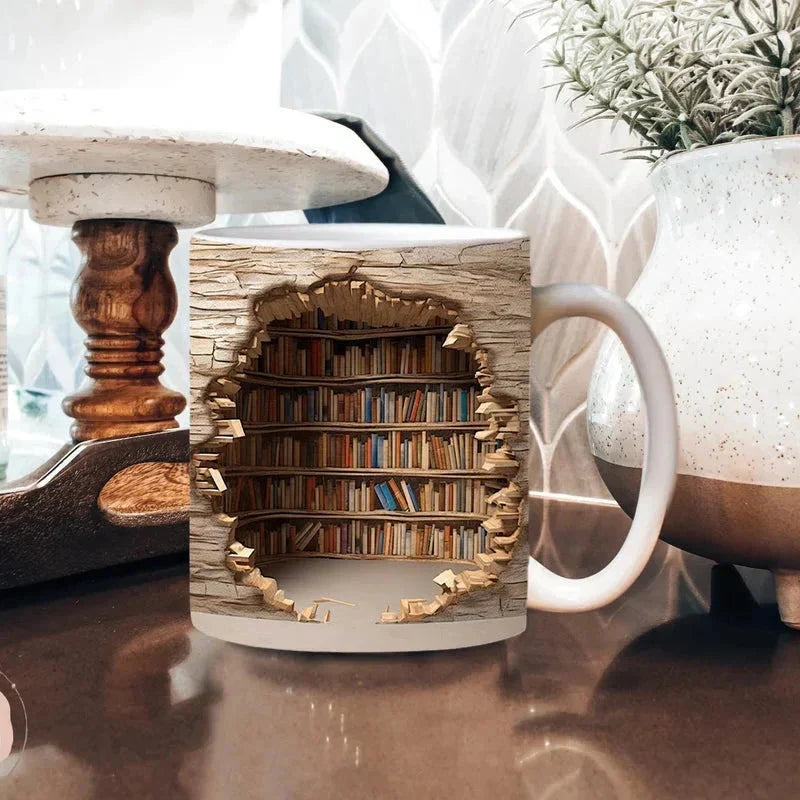 Taza con estantería de libros en 3D — regalo de café para amantes de los libros