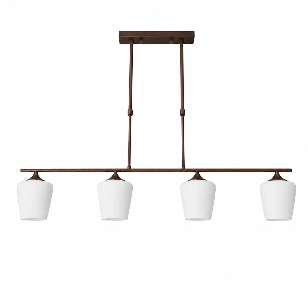 Strellux Linear Kronleuchter mit weißen Opalglas-Schirmen - Kaffee-Brauner rustikaler Stil für Esszimmer | Souliia