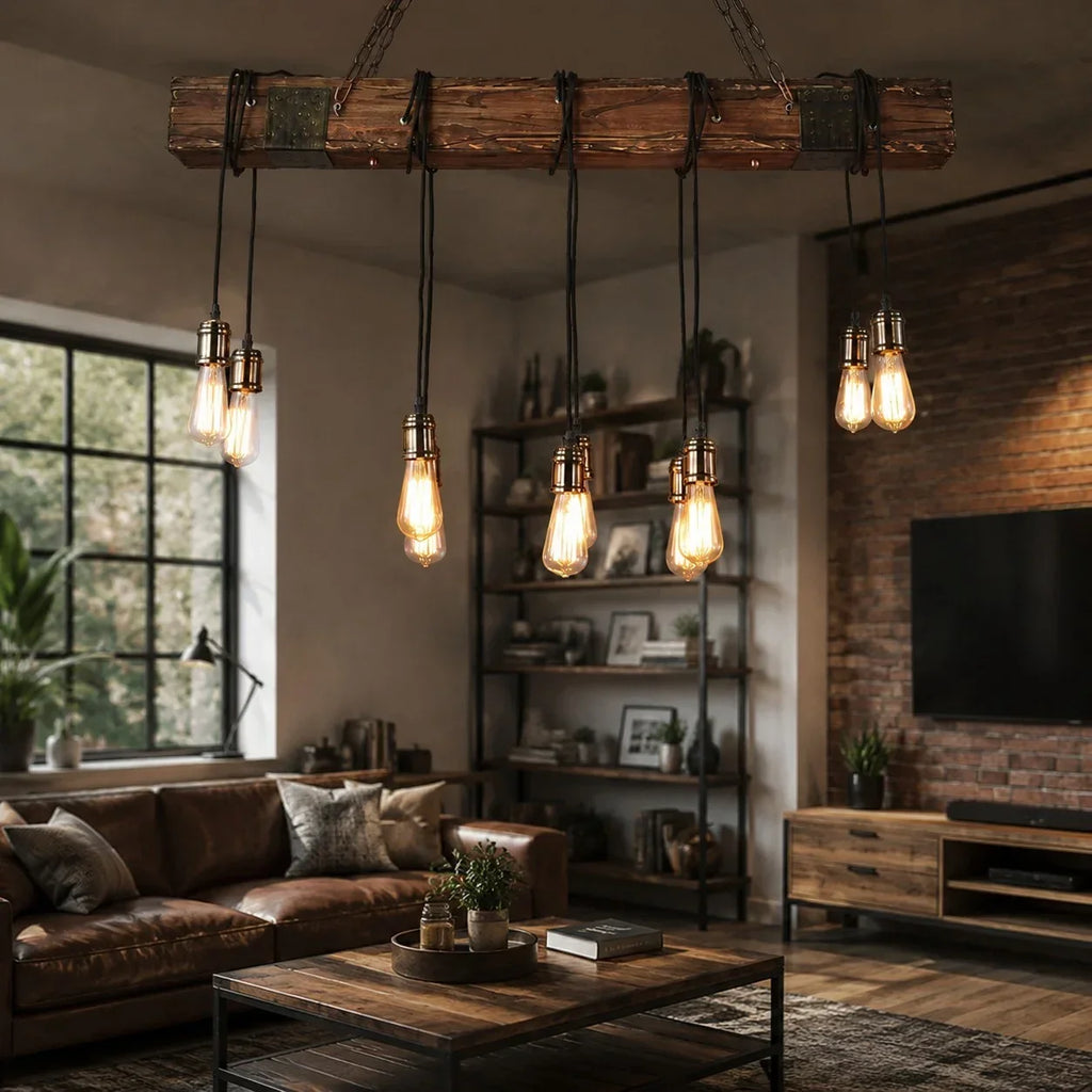 Rustic Industrial Solid Wood Pendant Light Collection | Souliia