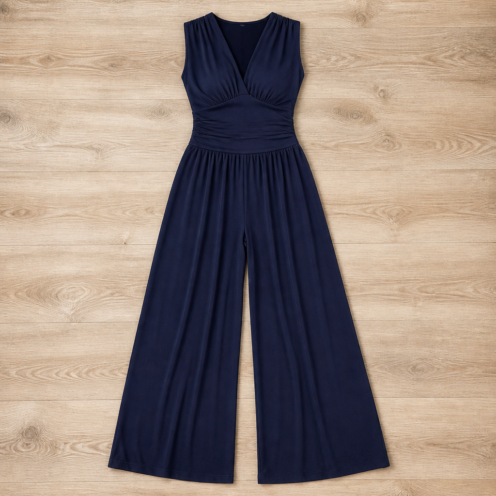 Verisse – Flowy Wide-Leg Jumpsuit with Ruched Waist and Deep V-Neck - Souliia