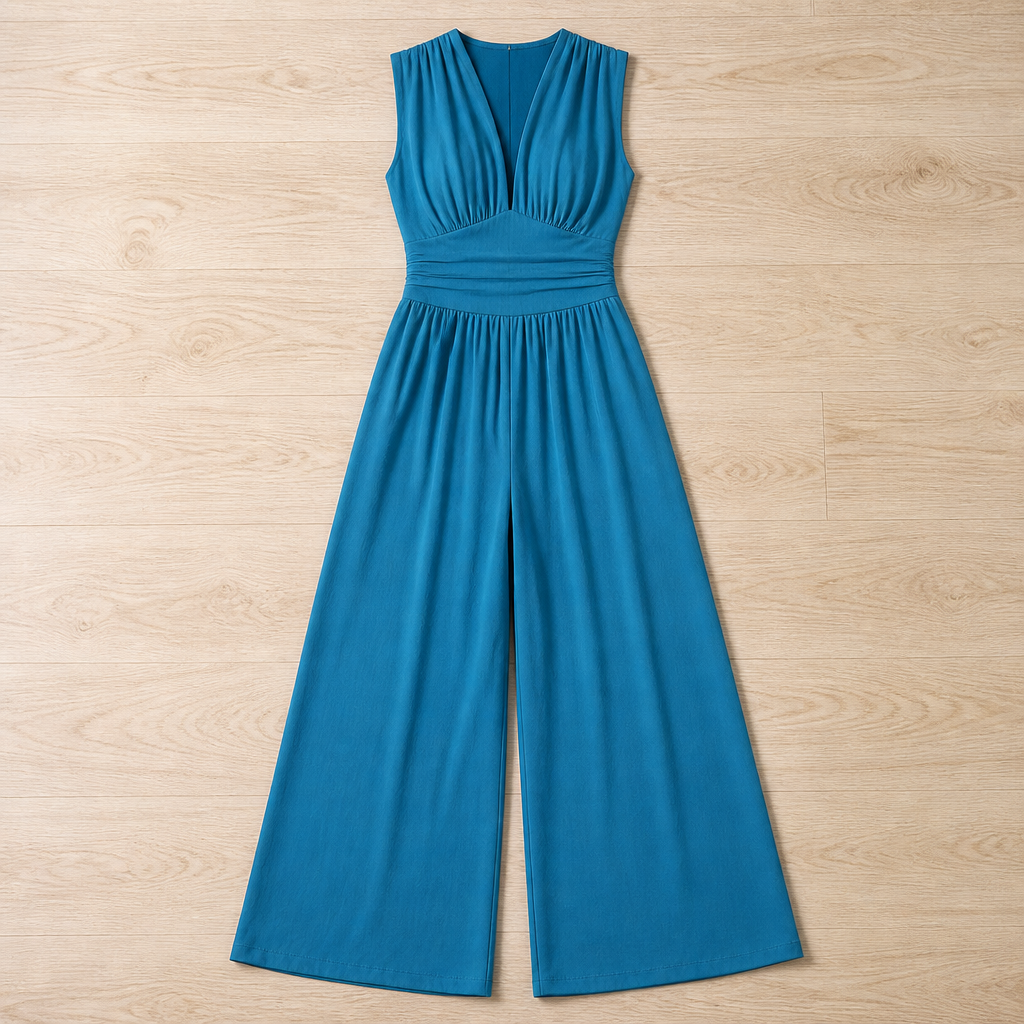 Verisse – Flowy Wide-Leg Jumpsuit with Ruched Waist and Deep V-Neck - Souliia