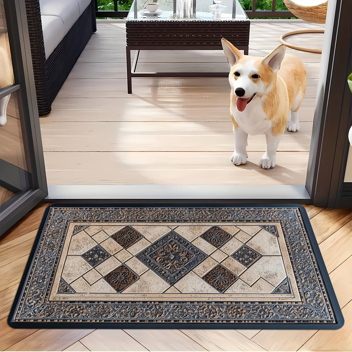 Stylehaven Machine Washable Floor Mat — Structured Geometric Border Trim