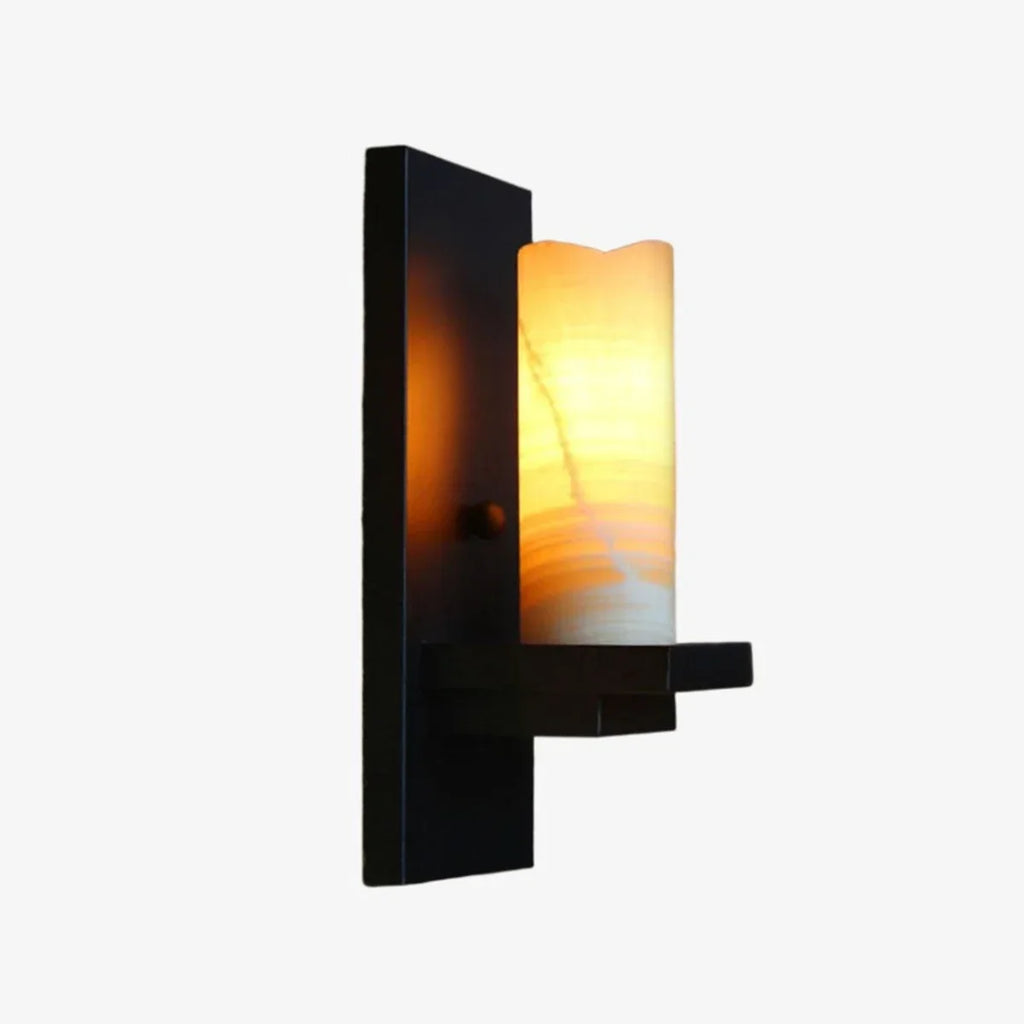 Rustic Black Metal Wall Sconce with Cream Stone-Look Shade | Souliia