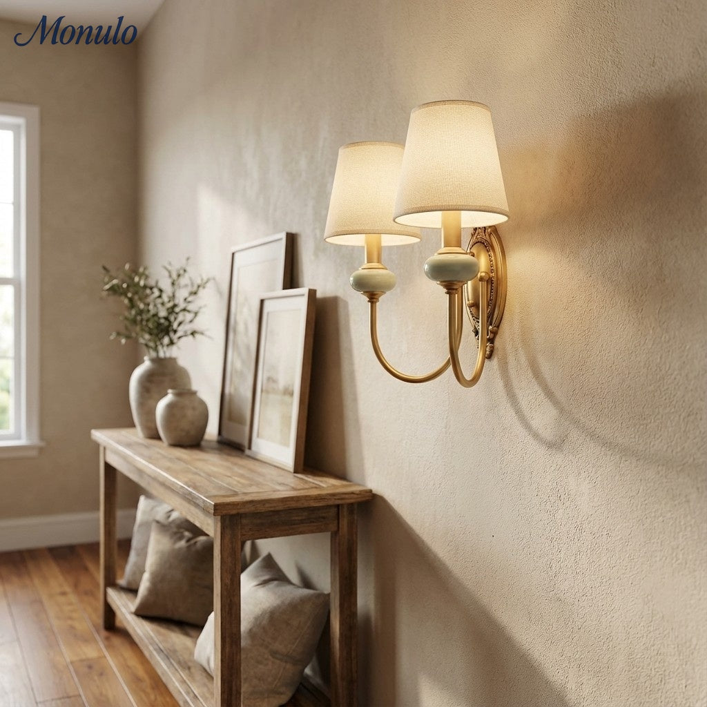 Rowan Classic Fabric Shade Sconce – Ceramic Wall Light for Hallway or Bedroom | Souliia