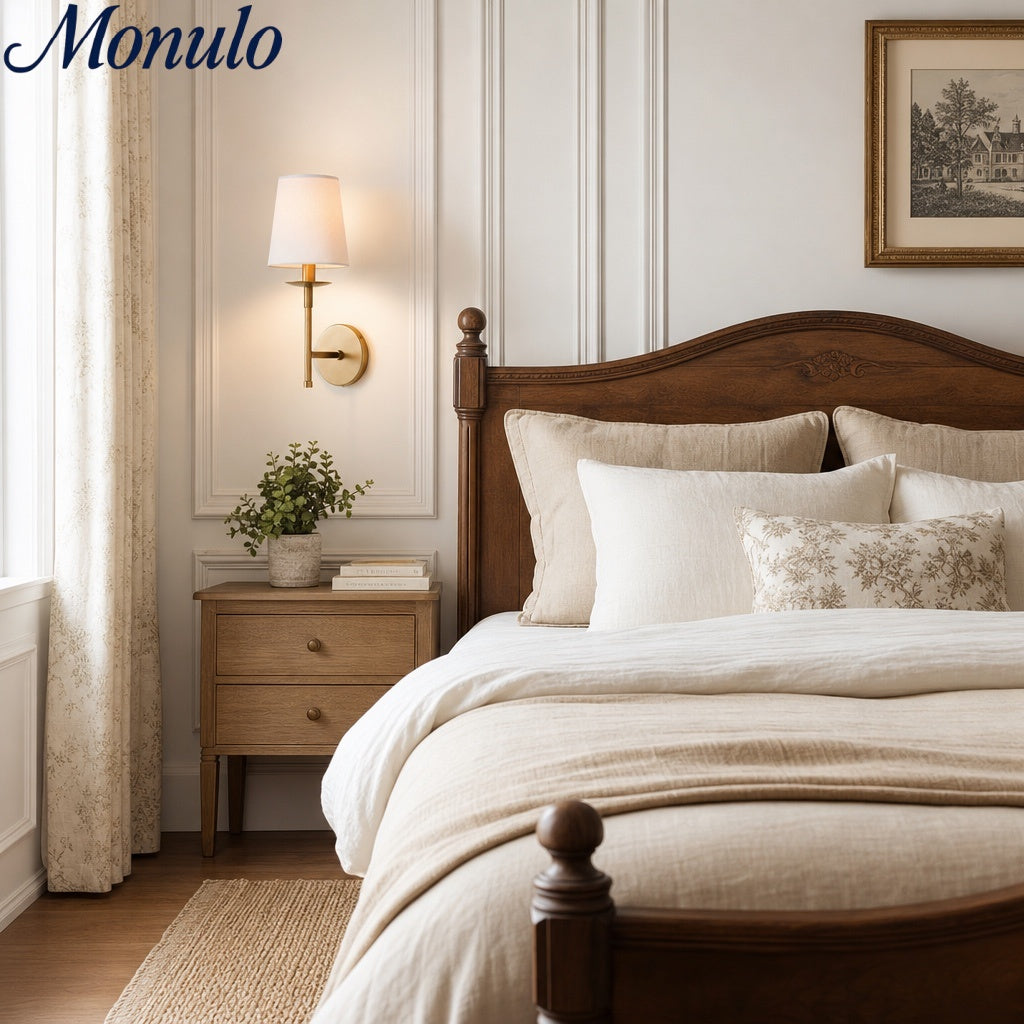 Rowan Classic Linen Wall Sconce - Brass Light With Fabric Drum Shade | Souliia