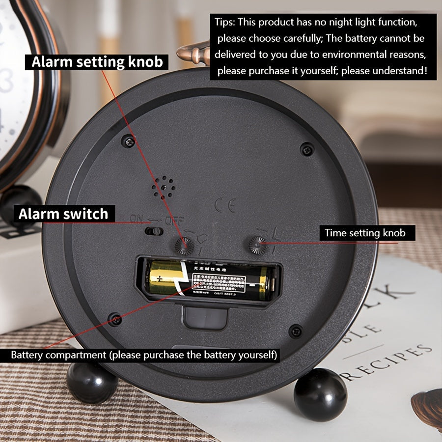 ElegantTime Metal Nightstand Alarm Clock — Quiet Analog Movement, Large Clear Display