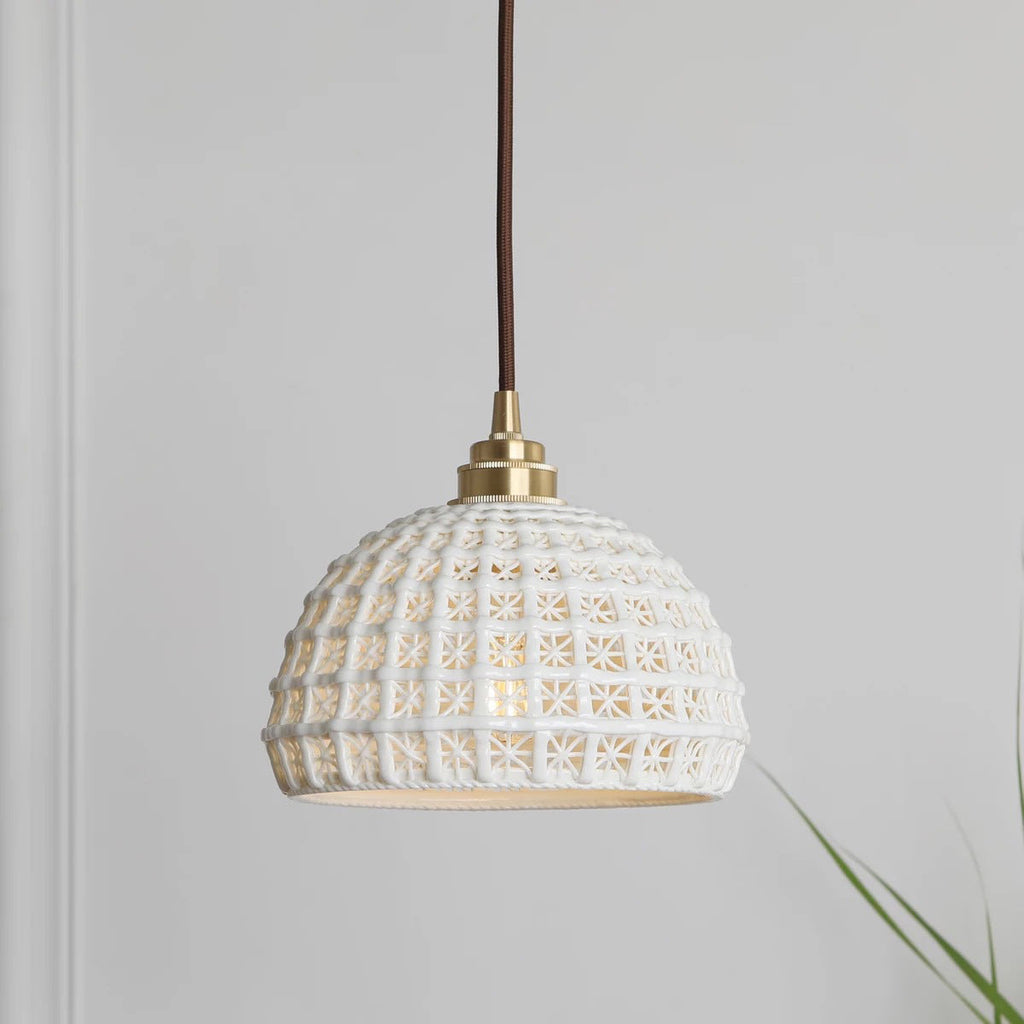 Traditionelle japanische Messing Walnuss Glas Keramik Zylinder Konische Blumen-Schale 1-Flammige Pendelleuchte für Esszimmer | Souliia