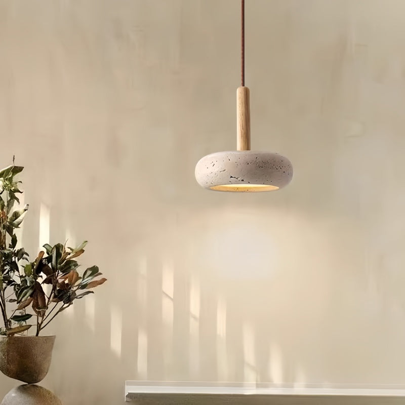 Traditional Japanese Round Wood Travertine Pendant Light M18 | Souliia