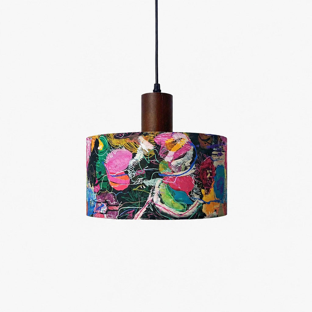 Printed Fabric Drum Pendant Light with Walnut Wood Holder | Souliia
