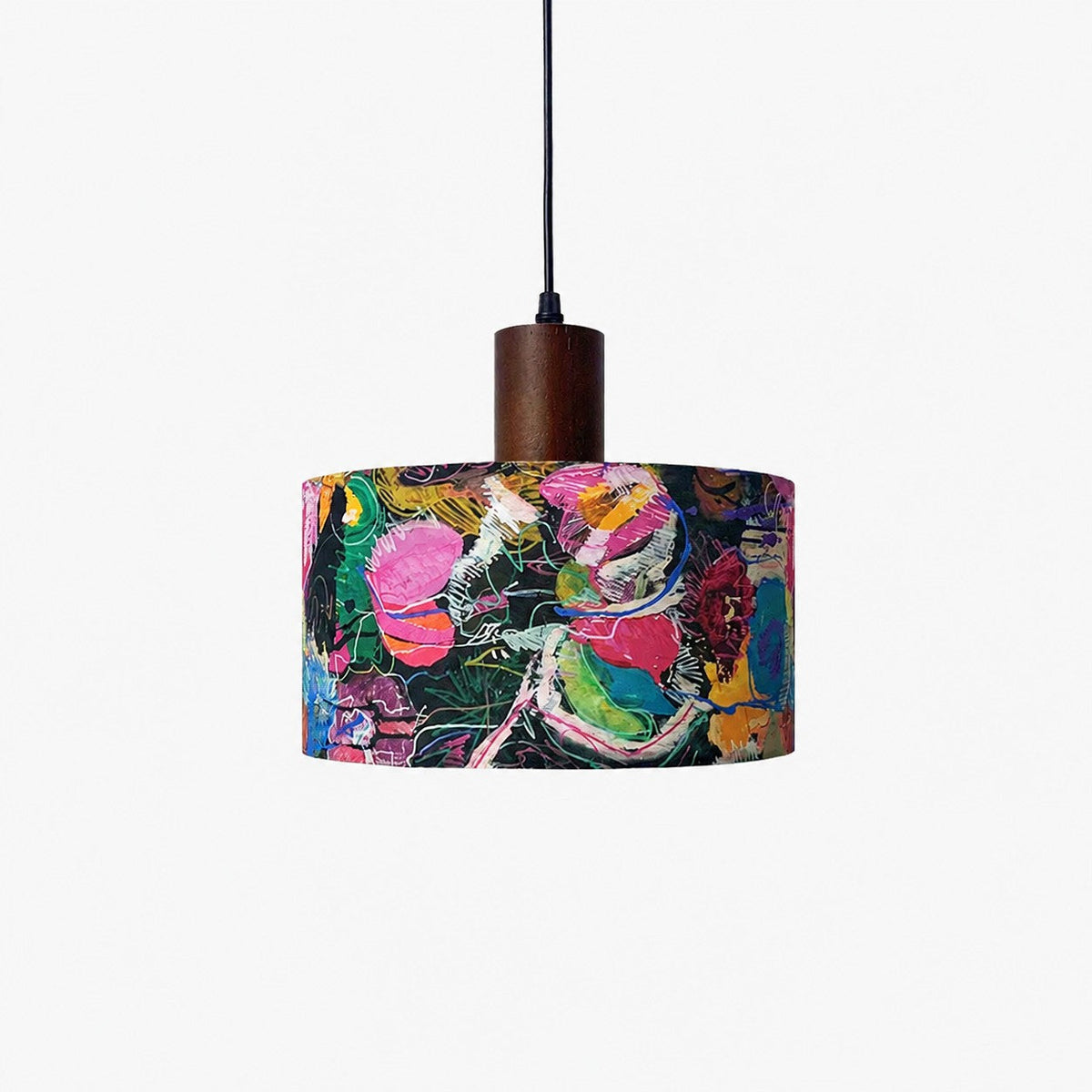 Printed Fabric Drum Pendant Light with Walnut Wood Holder | Souliia