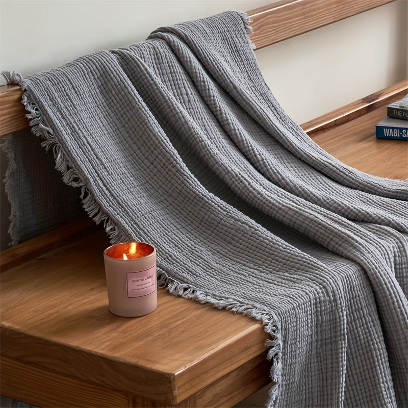 Olivebreeze Four-Layer Cotton Gauze Blanket — Elegant Fringe Trim, Lightweight Weave
