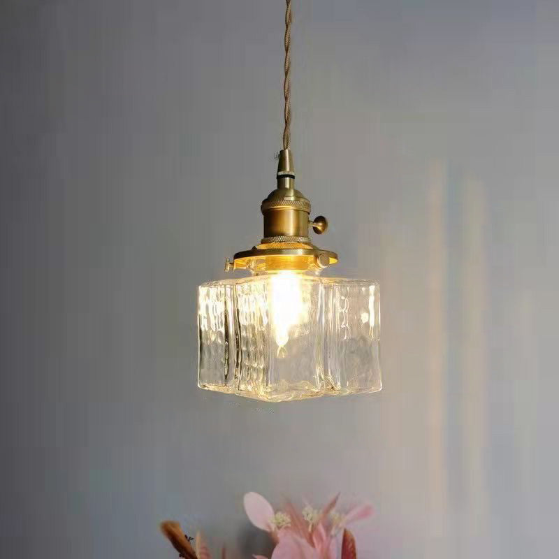 Traditionelle Vintage Quadrat Rechteck Wellen-Glas Eisen 1-Flammige Pendelleuchte für Wohnzimmer | Souliia