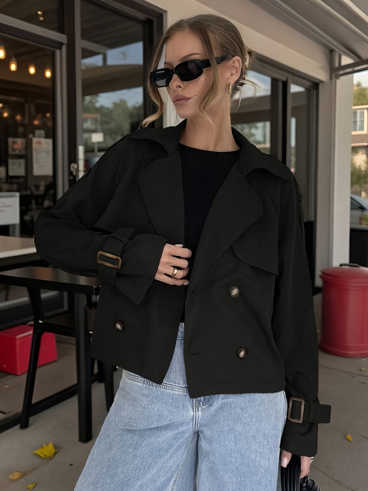 Women's Short Solid Color Trench Coat — Adjustable Button Drawstring, Clean Silhouette