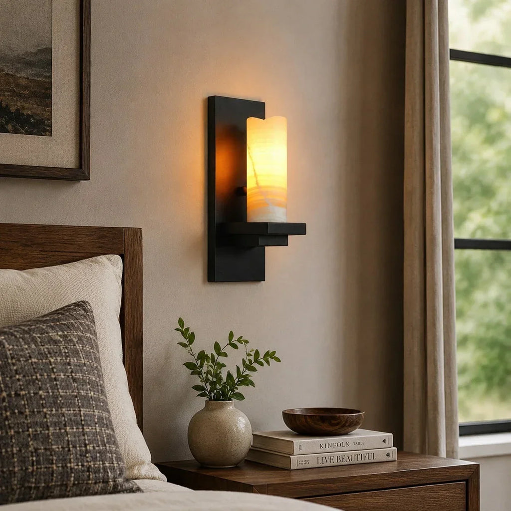 Rustic Black Metal Wall Sconce with Cream Stone-Look Shade | Souliia