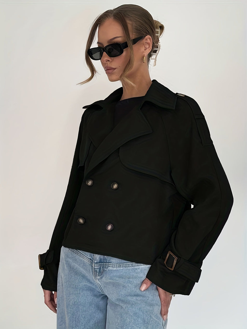 Women's Short Solid Color Trench Coat — Adjustable Button Drawstring, Clean Silhouette