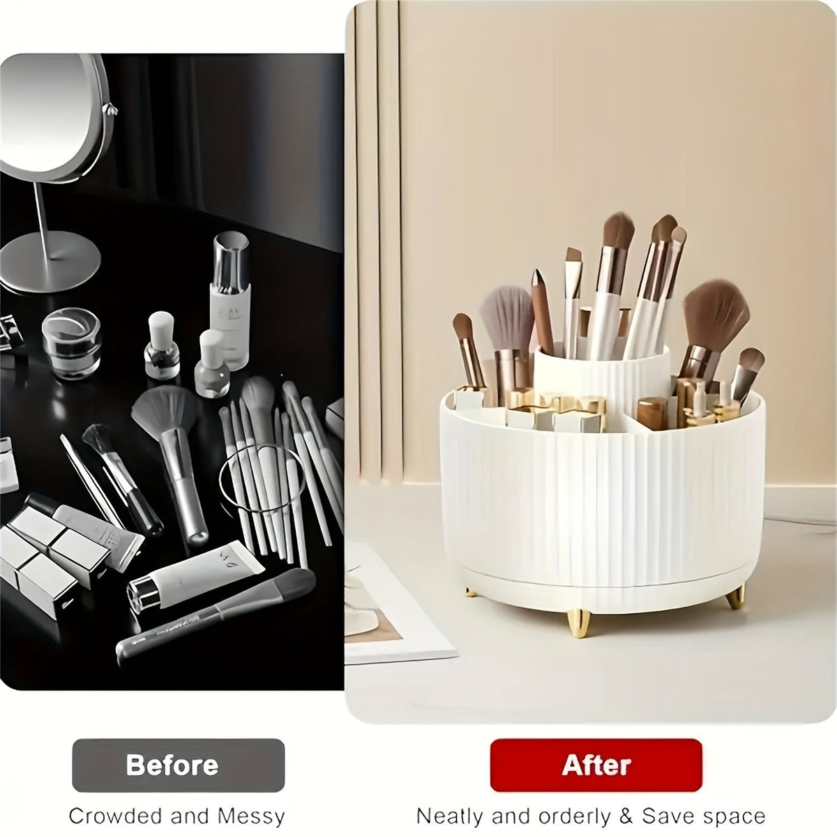 Eleganza Clear Plastic Makeup Organizer — 360-Degree Swivel, Five Compartments