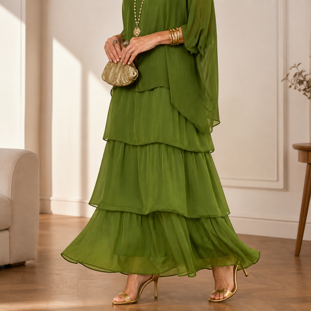 VeroLuxe – Flowy Tiered Maxi Dress with Cape Sleeves - Souliia