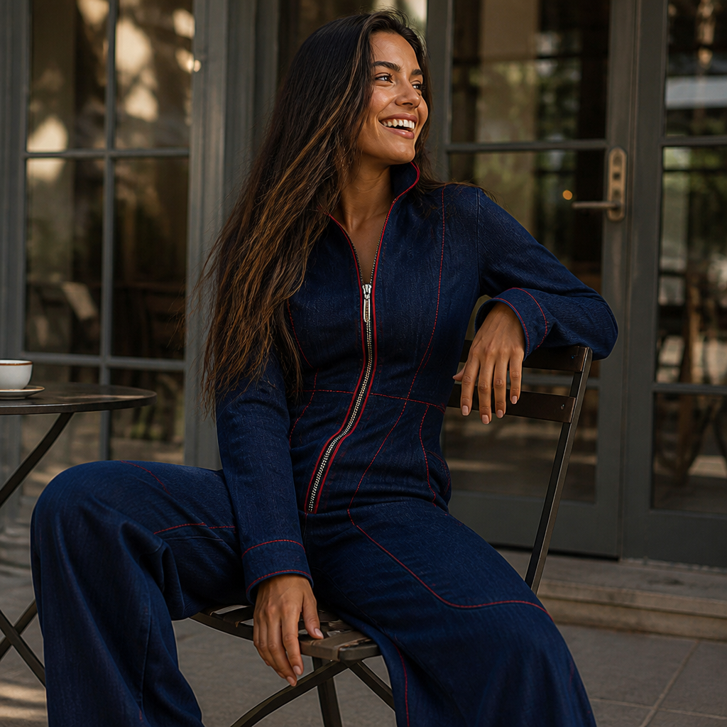 Velozia – Waist-Sculpting Wide-Leg Denim Jumpsuit with Zip Front - Souliia