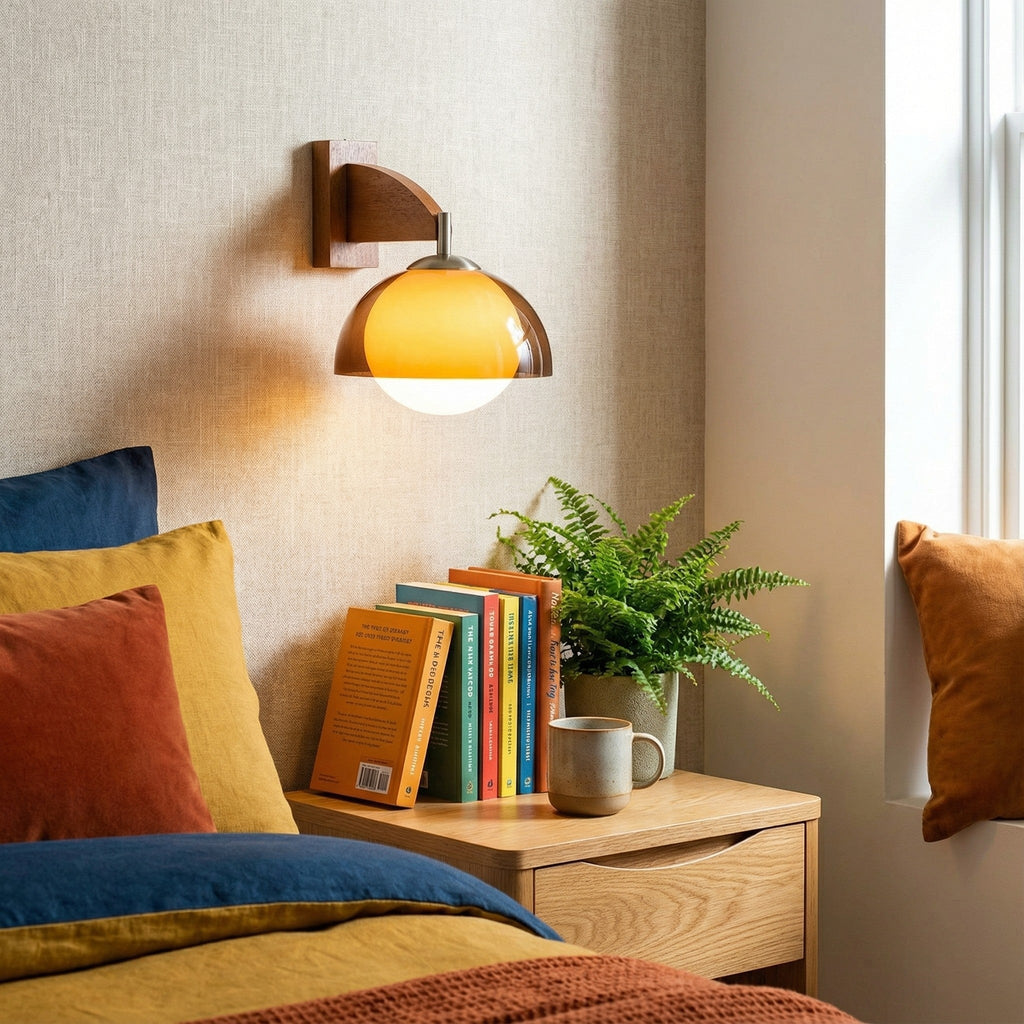 Sunset Glow Moderne Wandleuchte mit Acrylschirm und Holzstruktur-Basis für Schlafzimmer, Flur, Wohnzimmer | Souliia