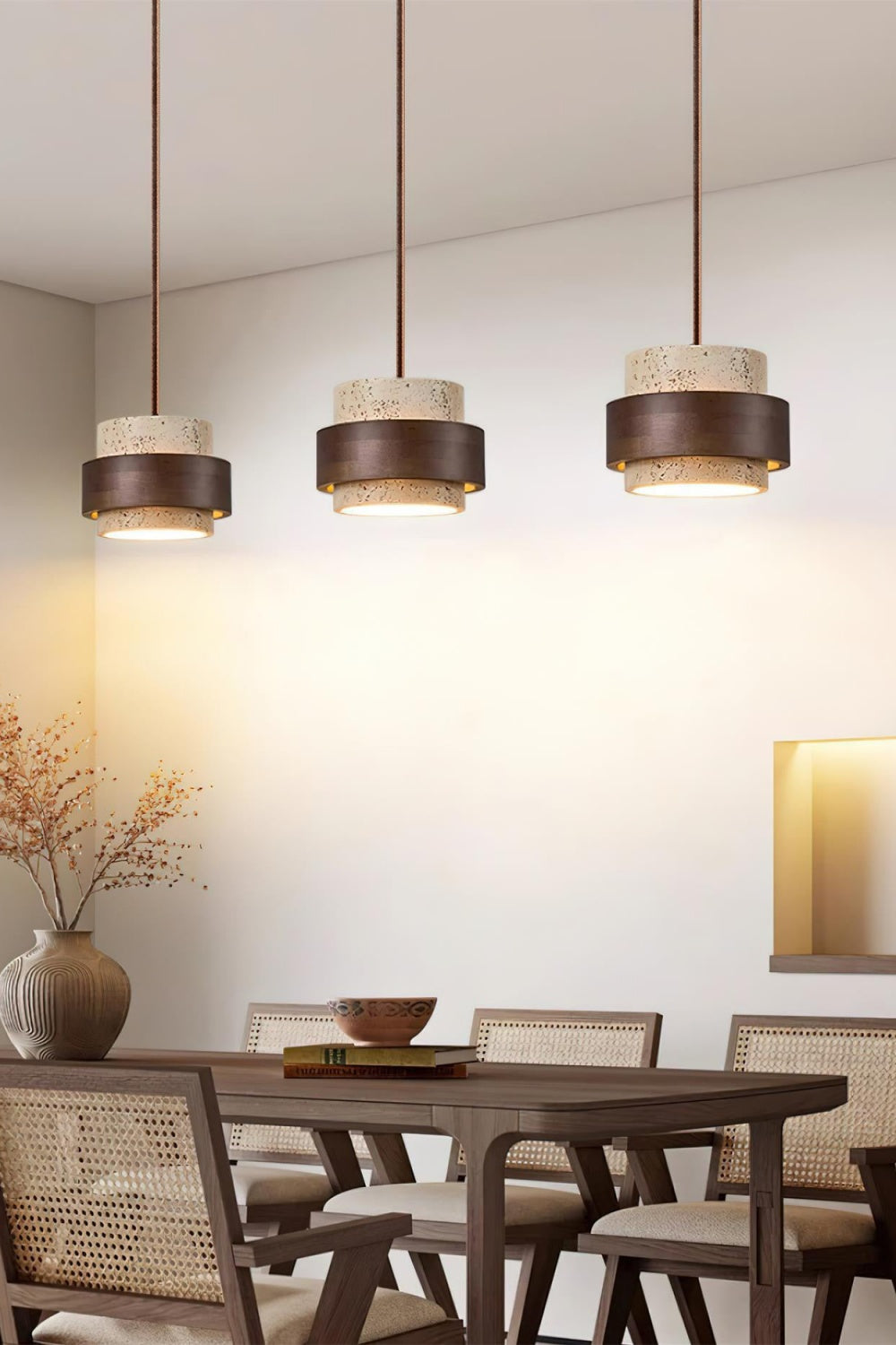 Travertin Holz Pendelleuchte - Moderne organische Hängeleuchte für Wohnzimmer | Souliia