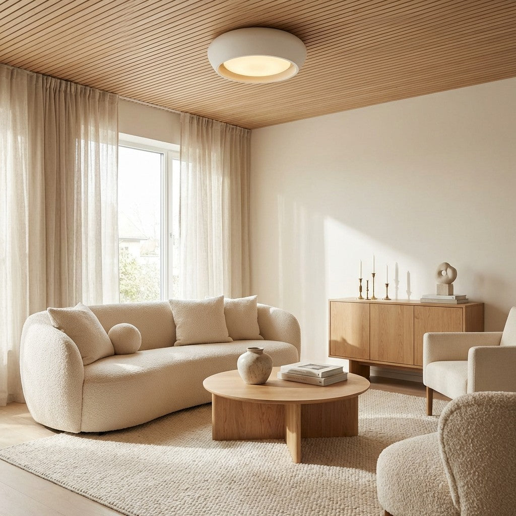 Plafonieră minimalistă din beton Monocem – lampă elegantă montată la nivelul tavanului pentru sufragerie | Souliia