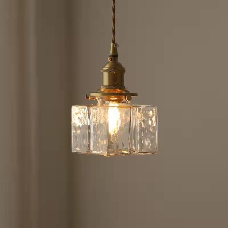 Traditionelle Vintage Quadrat Rechteck Wellen-Glas Eisen 1-Flammige Pendelleuchte für Wohnzimmer | Souliia