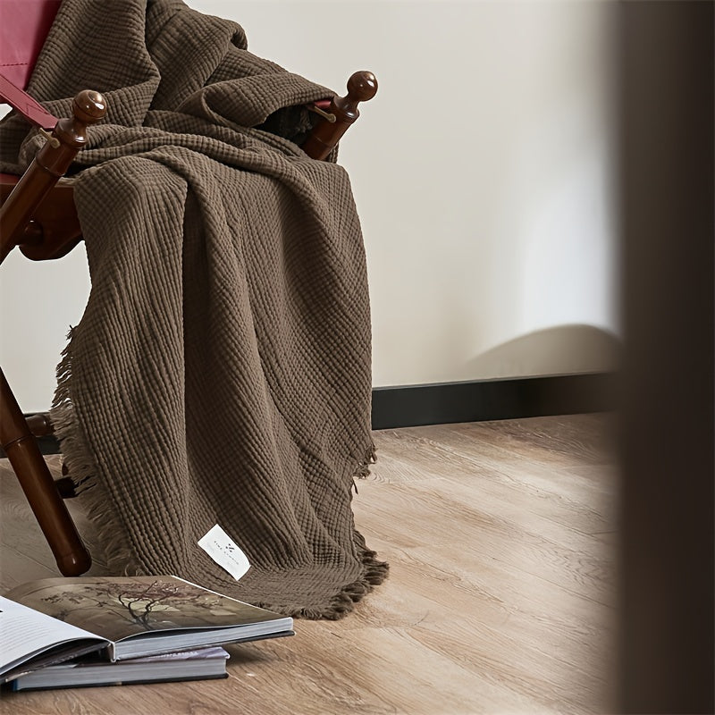 Olivebreeze Four-Layer Cotton Gauze Blanket — Elegant Fringe Trim, Lightweight Weave