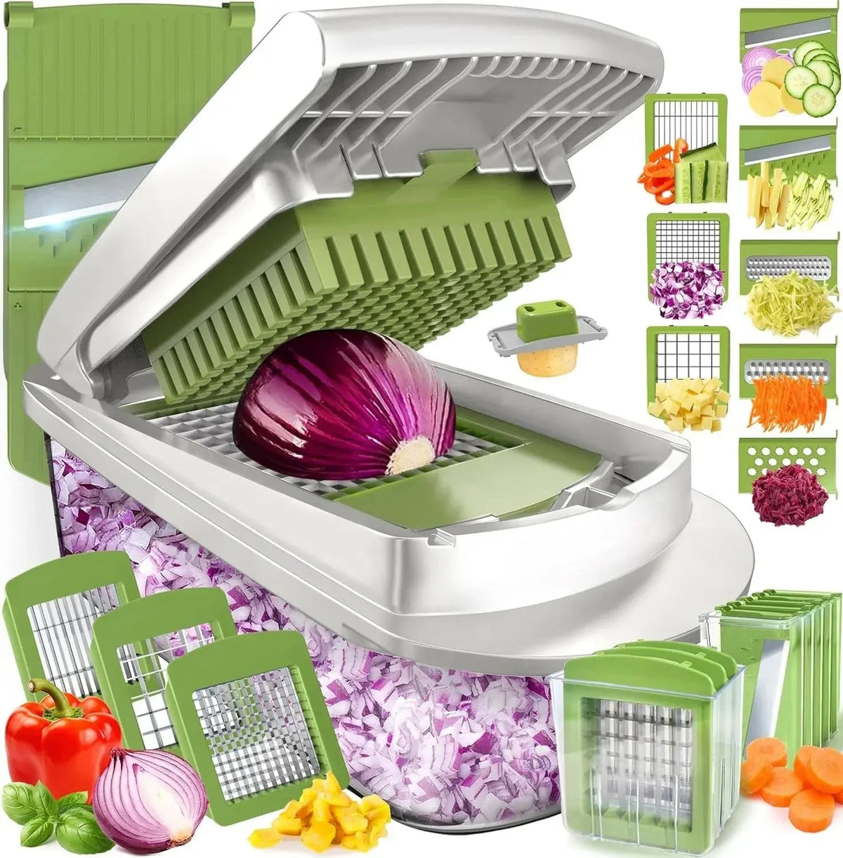 Vegetable Chopper | Dicing, Slicing, and Grating | Storage Container & Safety Holder | VegiCut - Souliia