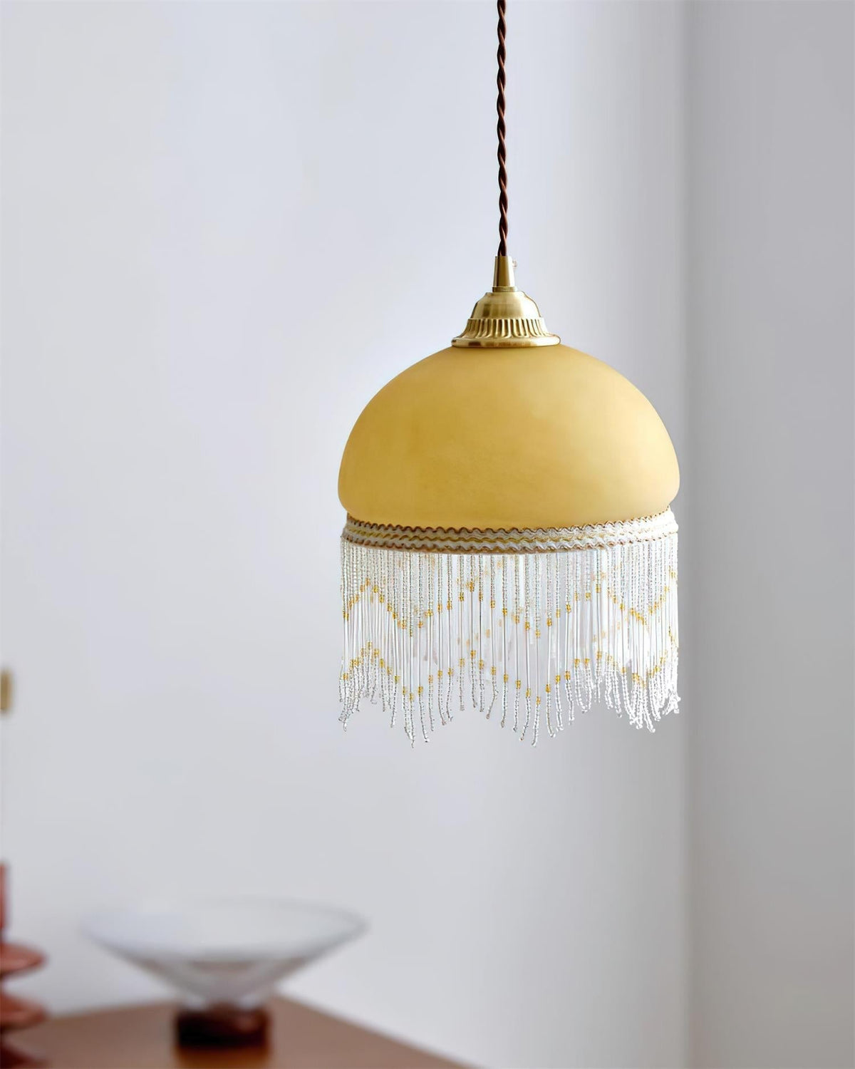 Vili Beaded Tassel Pendant Lamp – Soft Yellow Dome, Brass-Toned Top