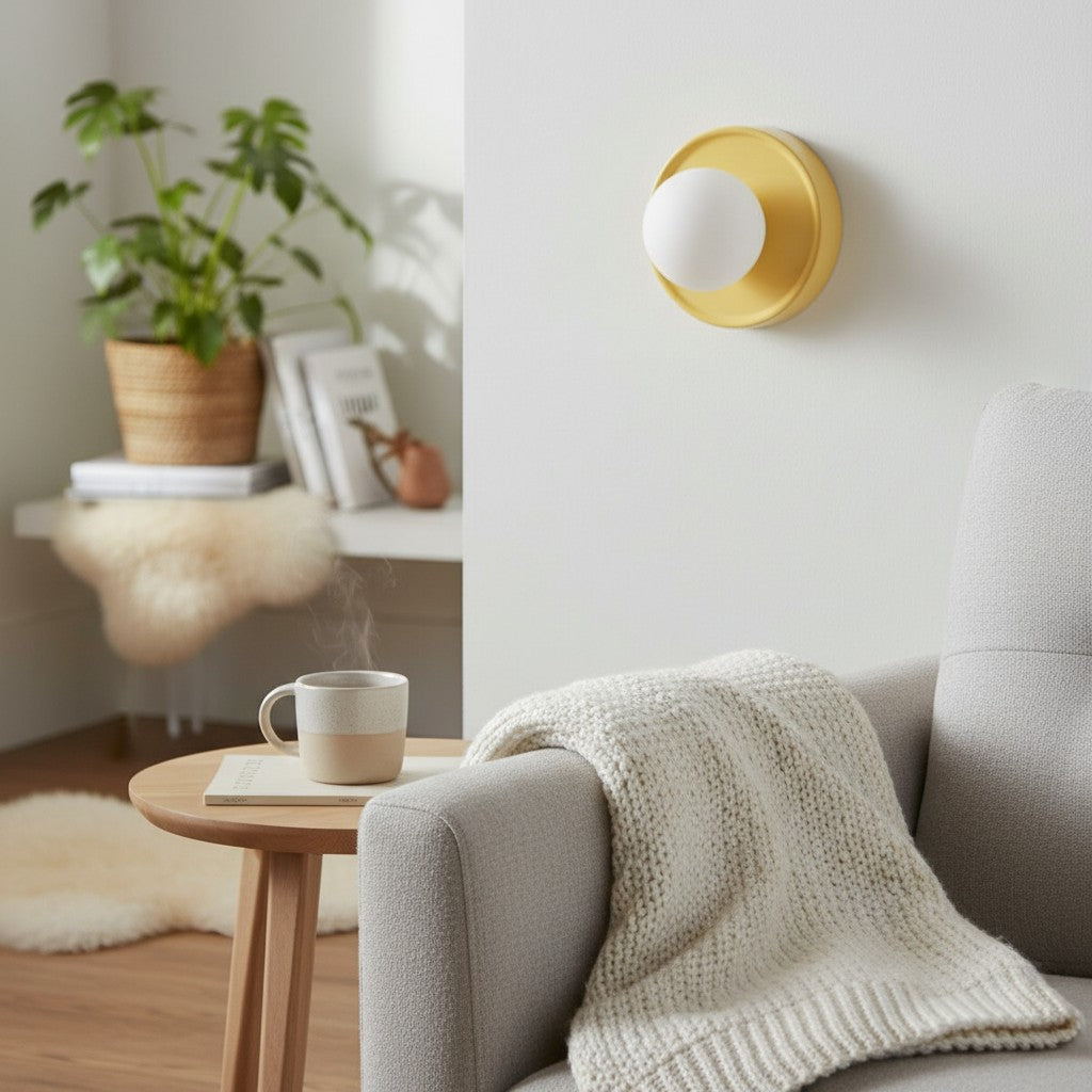 Solna Minimalist Round Glass Wall Sconce with Ceramic Base for Bedroom and Hallway | Souliia