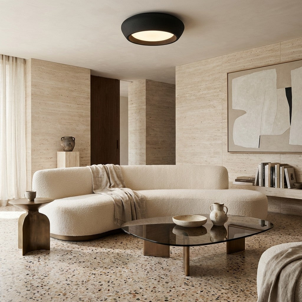 Plafonieră minimalistă din beton Monocem – lampă elegantă montată la nivelul tavanului pentru sufragerie | Souliia