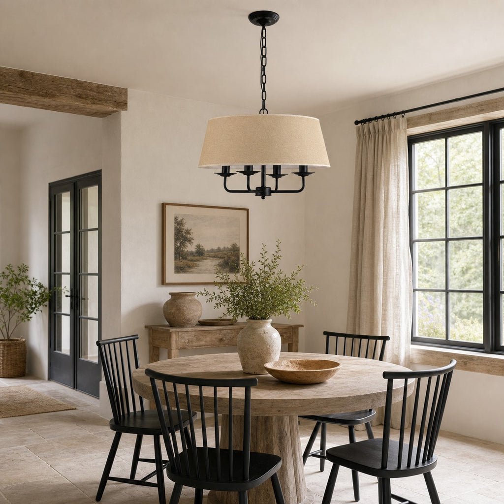 Tela Stoffschirm-Kronleuchter mit geschwungenem Arm-Design und Leinen-Schirmen - Metall Vintage-Stil für Esszimmer | Souliia