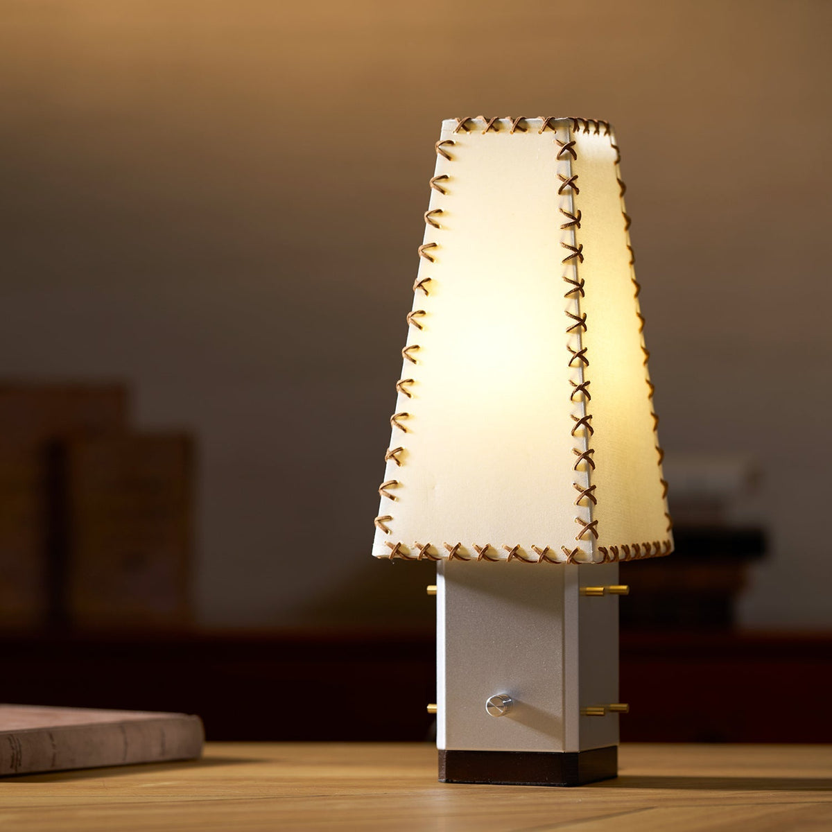 Modern Geometric Metal Table Lamp – Parchment Shade for Bedroom Nightstand Lighting | Souliia