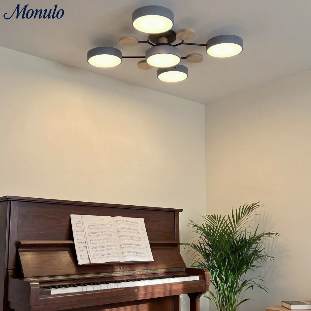 Loftlampe med flere hoveder, skiver og grene i Morandi-farver | Souliia