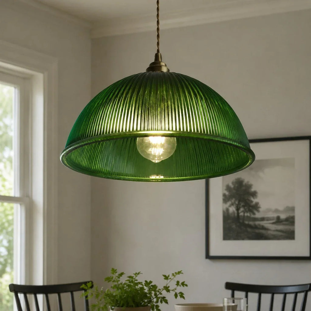 Vintage Ribbed Glass Pendant Light with Brass Accent | Souliia
