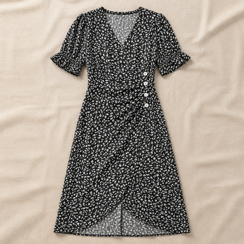 SeraphineAura – Ditsy Floral Wrap Midi Dress with Ruched Tulip Hem - Souliia