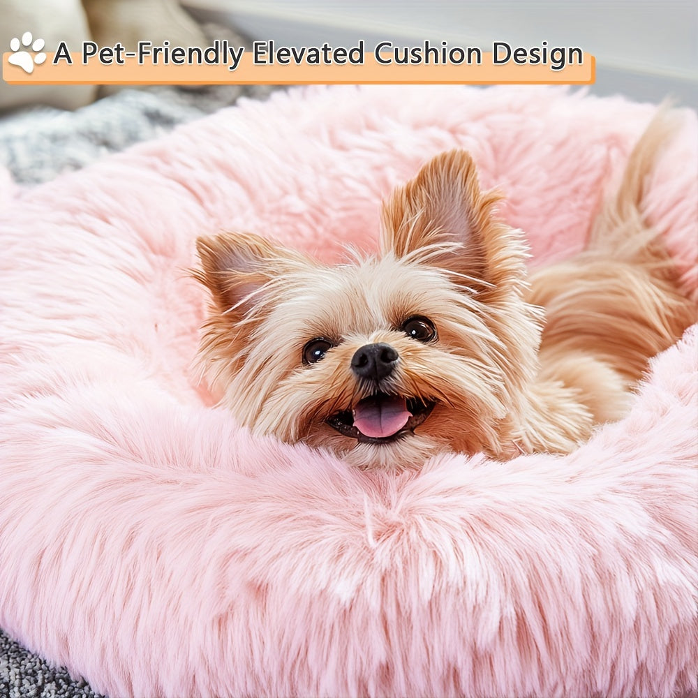 Hugafur Donut Pet Bed — Soft Faux Fur Cushion, Raised Rim Support