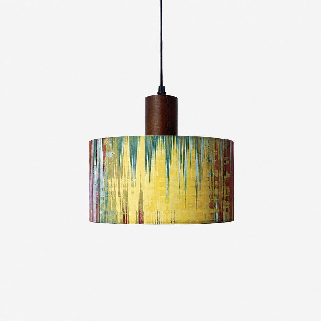 Printed Fabric Drum Pendant Light with Walnut Wood Holder | Souliia