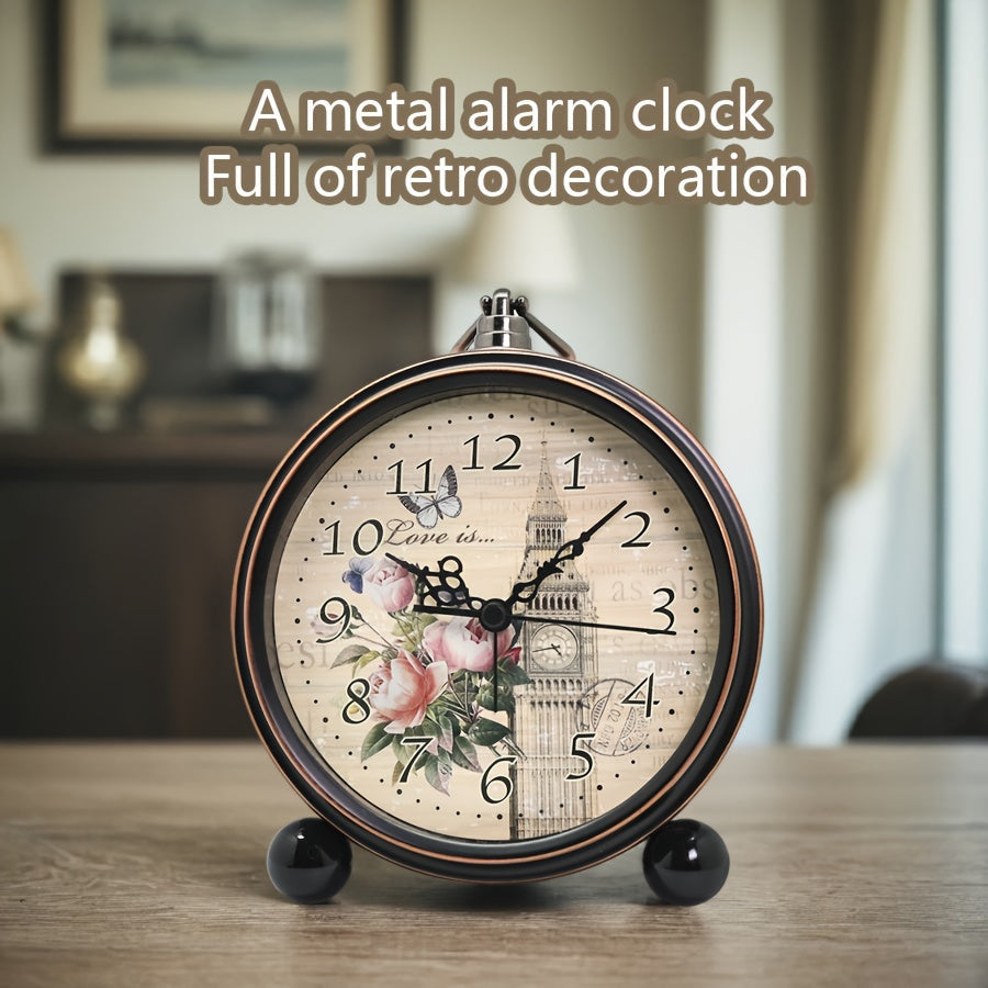 ElegantTime Metal Nightstand Alarm Clock — Quiet Analog Movement, Large Clear Display