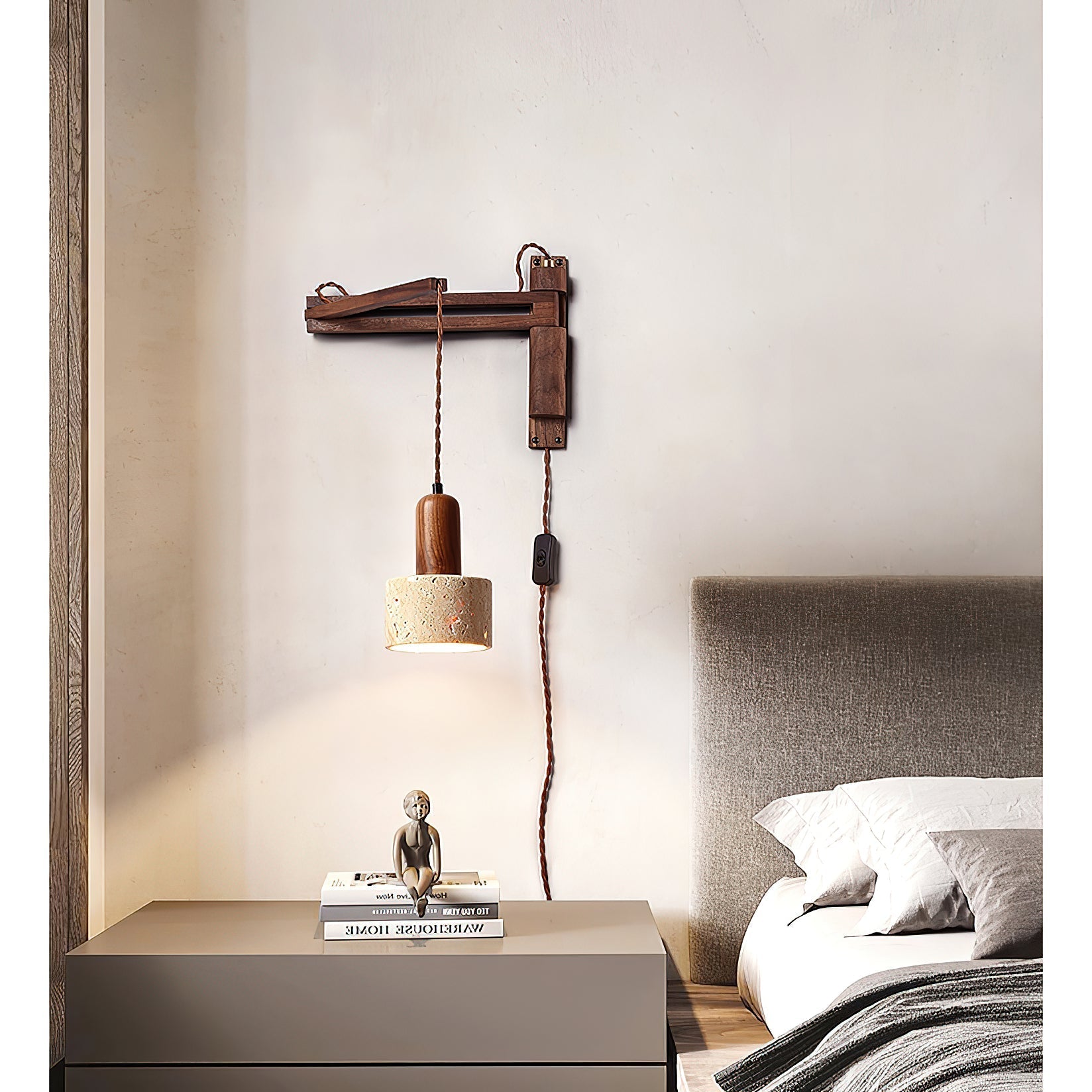 Tia Travertine Swing Arm Plug-in Sconce | Souliia