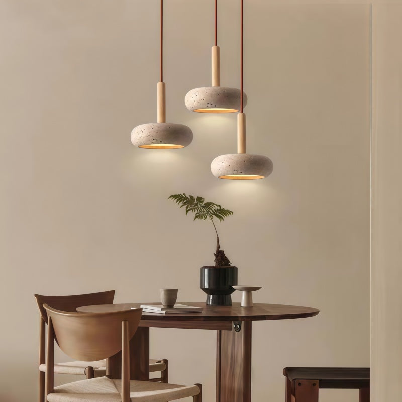 Traditional Japanese Round Wood Travertine Pendant Light M18 | Souliia