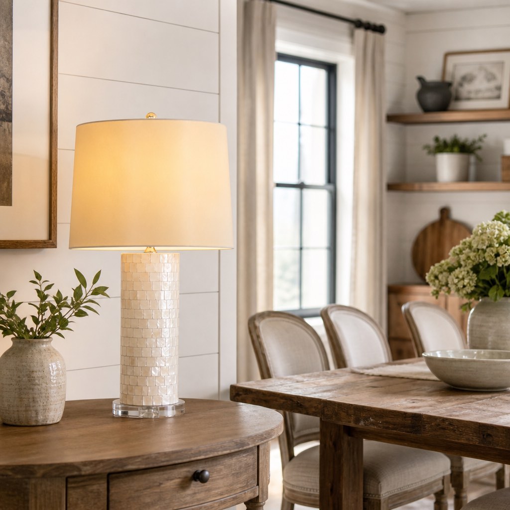 Soft Shade Crafted Table Lamp with Coastal Farmhouse Style for Living Room Decor | Souliia