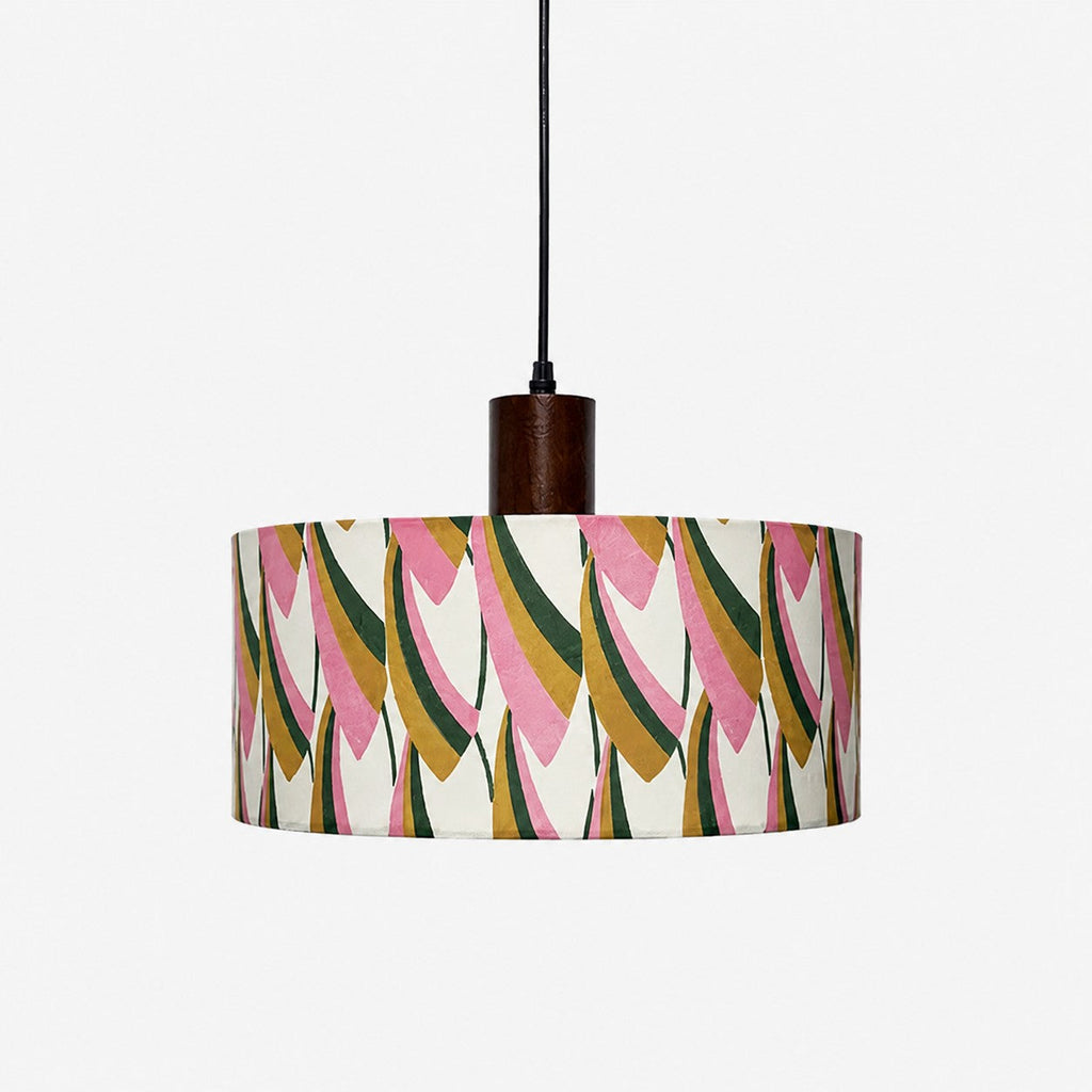 Printed Fabric Drum Pendant Light with Walnut Wood Holder | Souliia